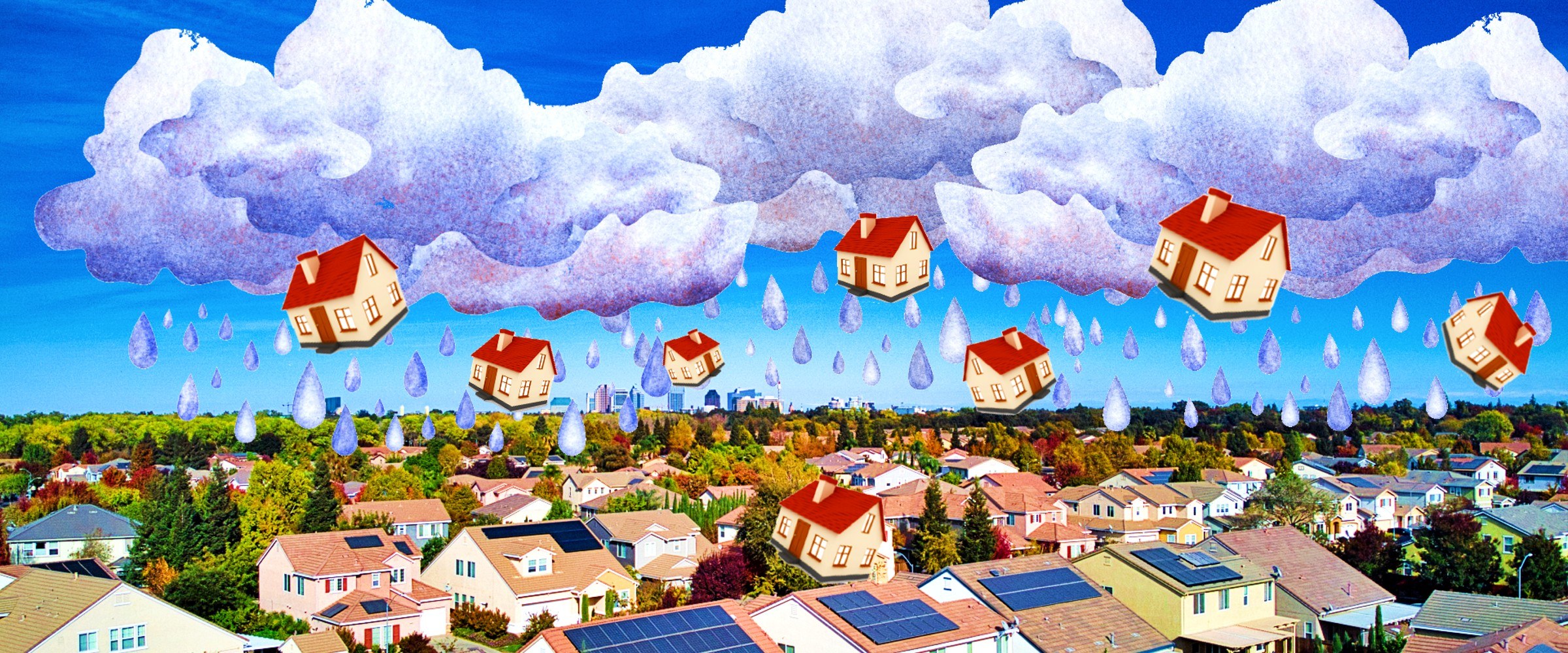 houses falling from cloud